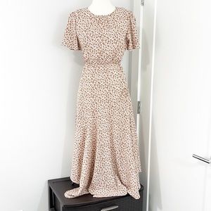 Wishful Thinking Small Brown Floral Pattern Curved Hem Short Sleeve Maxi Dress